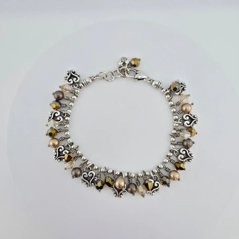 BRIGHTON 'Cannes' Bracelet Heart Crystal Fringe Charm Scroll Silver Plate 7.75
